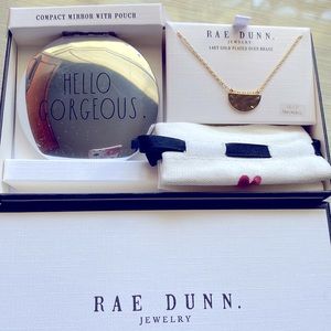 Set of Brand new RAE DUNN gold toned necklace and compact mirror with pouch ❤️